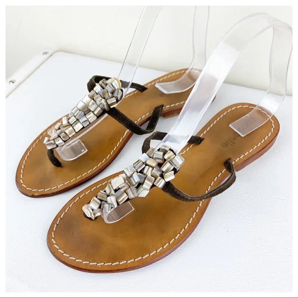 Cocobelle Brown Suede Leather Stone Beaded Thong Flat Sandal 10‎